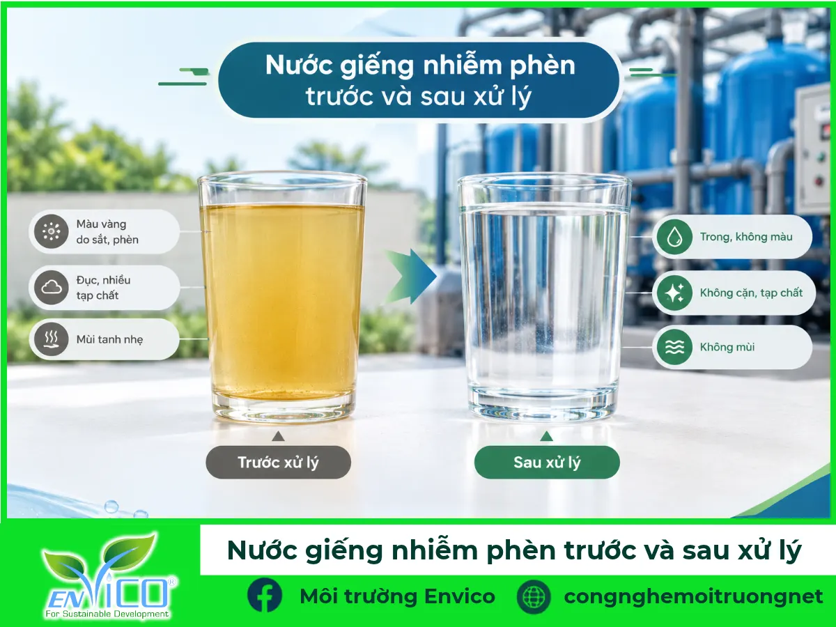 [ẢNH 2 — Ảnh minh họa] Vị trí: cuối mục "Các vấn đề thường gặp". Gợi ý nội dung: ảnh so sánh ly nước giếng khoan nhiễm phèn (vàng, đục) và nước sau xử lý (trong). 