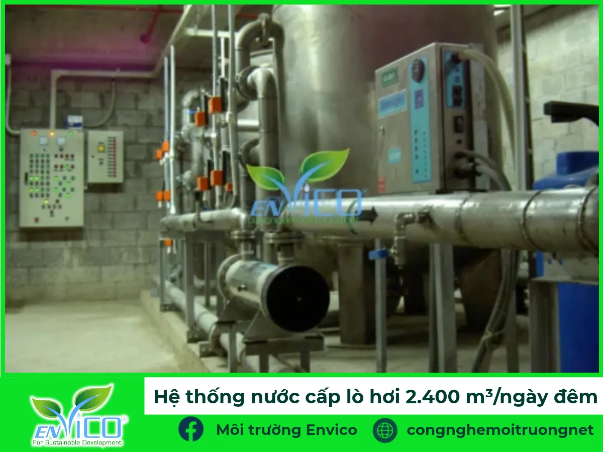 Hệ thống nước cấp lò hơi 2.400 m³/ngày đêm" Alt text: "Hệ thống xử lý nước cấp lò hơi công suất 2.400 m³/ngày đêm tại KCN VSIP Bình Dương do ENVICO thi công